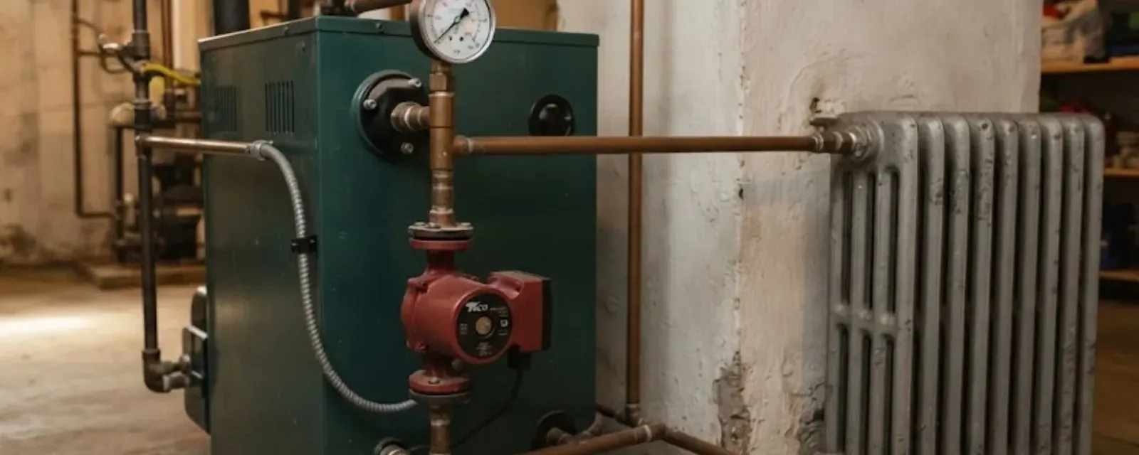 Older cast iron radiator and green boiler with circulator pump and pressure gauge in a basement