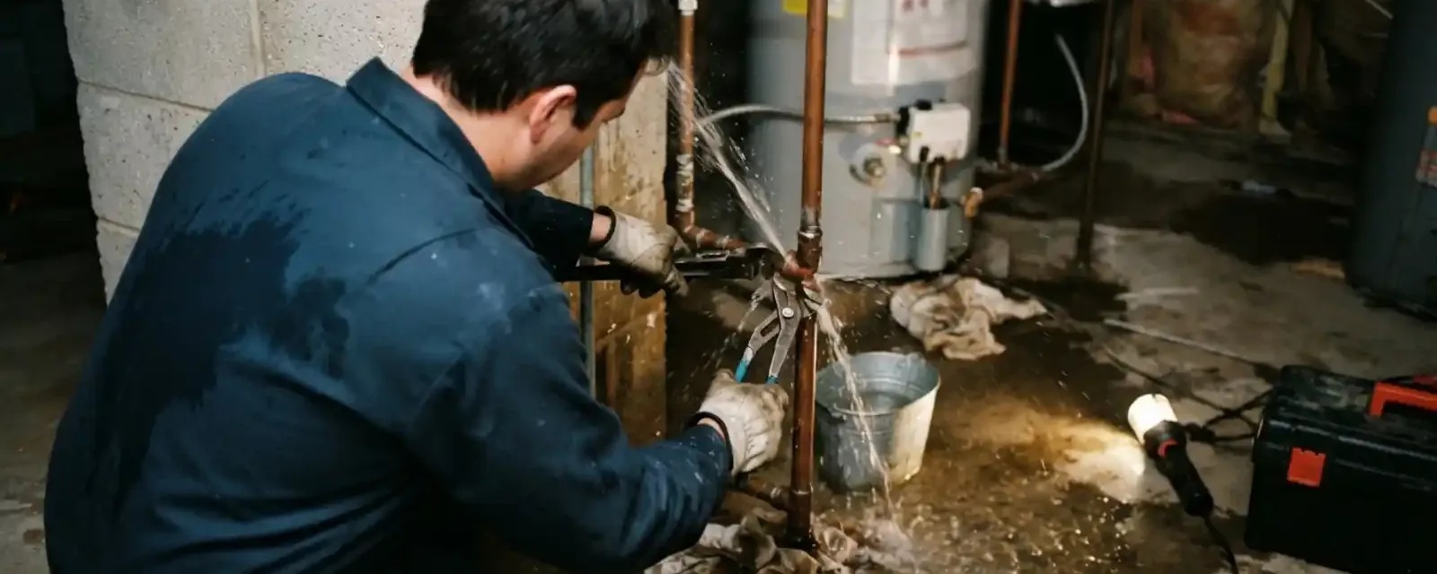 Plumber repairing a burst pipe spraying water beside a water heater in a wet basement