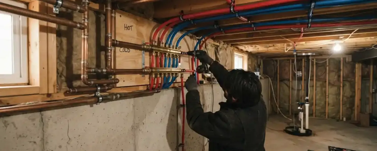 Plumber connecting new red and blue PEX supply lines to a manifold along a basement wall