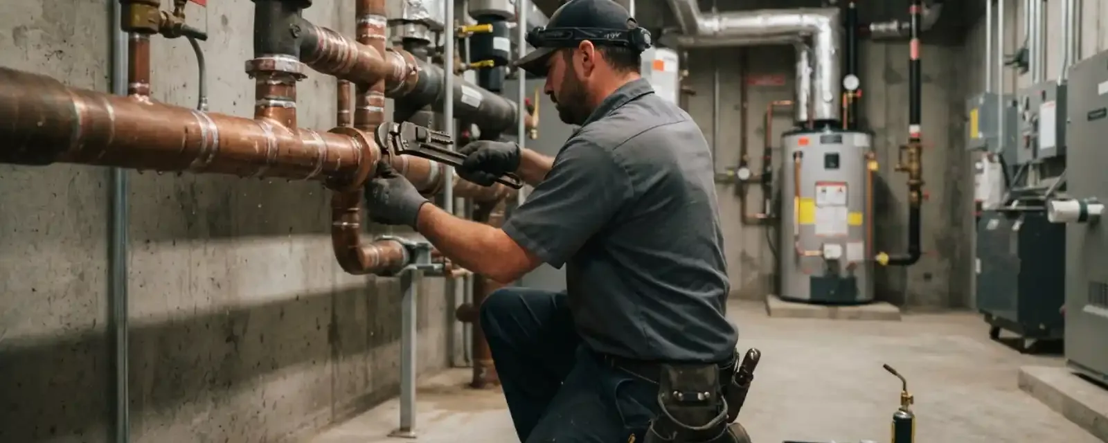 Plumber tightening copper piping in a commercial mechanical room with a water heater and boiler equipment