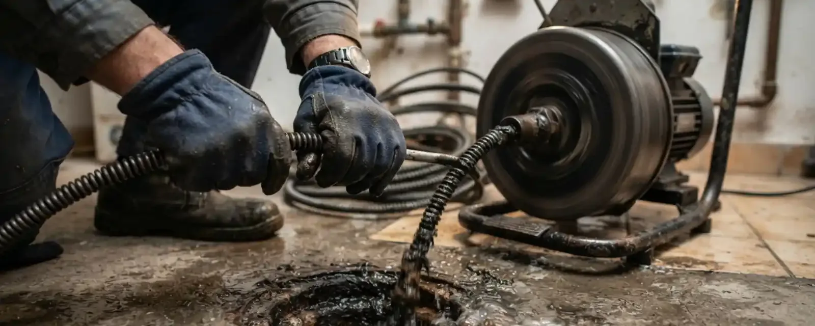 Plumber feeding a drain cable from a drum machine into a basement floor drain