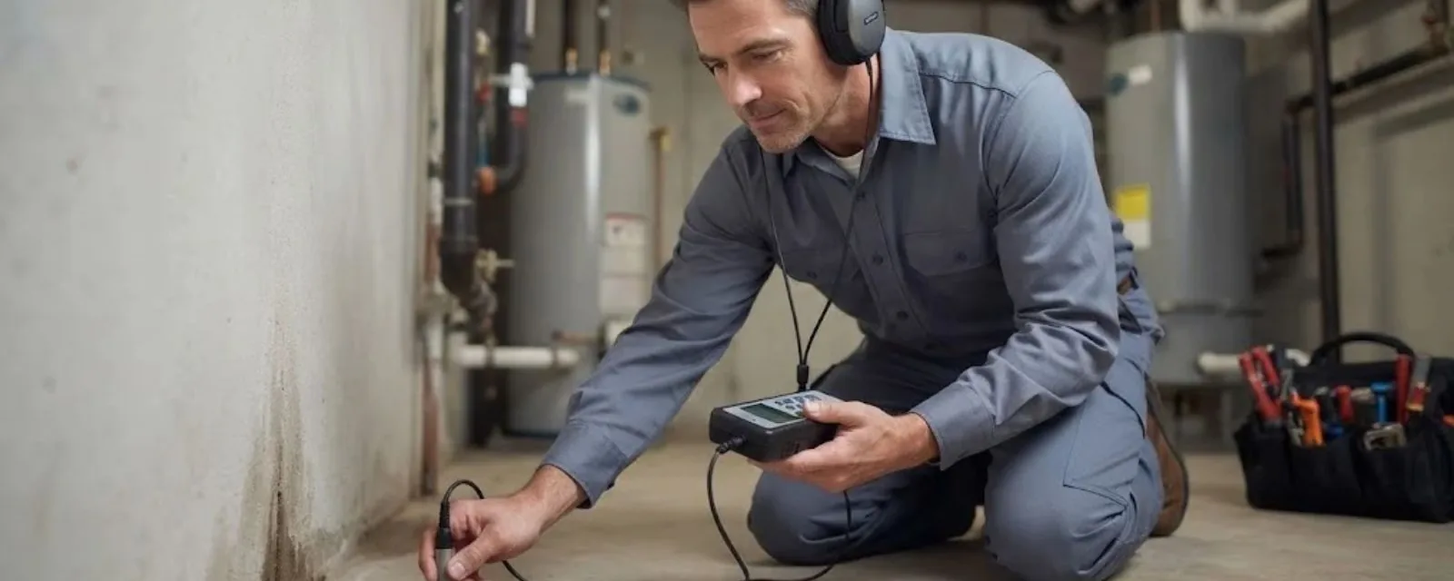Technician wearing headphones kneeling in a basement with an electronic listening device to locate a hidden leak