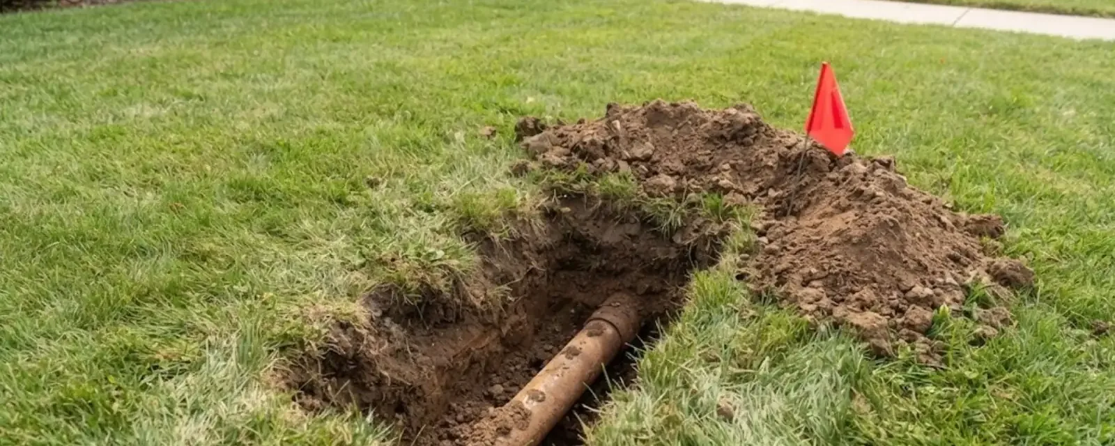 Small excavation in a lawn exposing a buried sewer pipe, marked with an orange cone