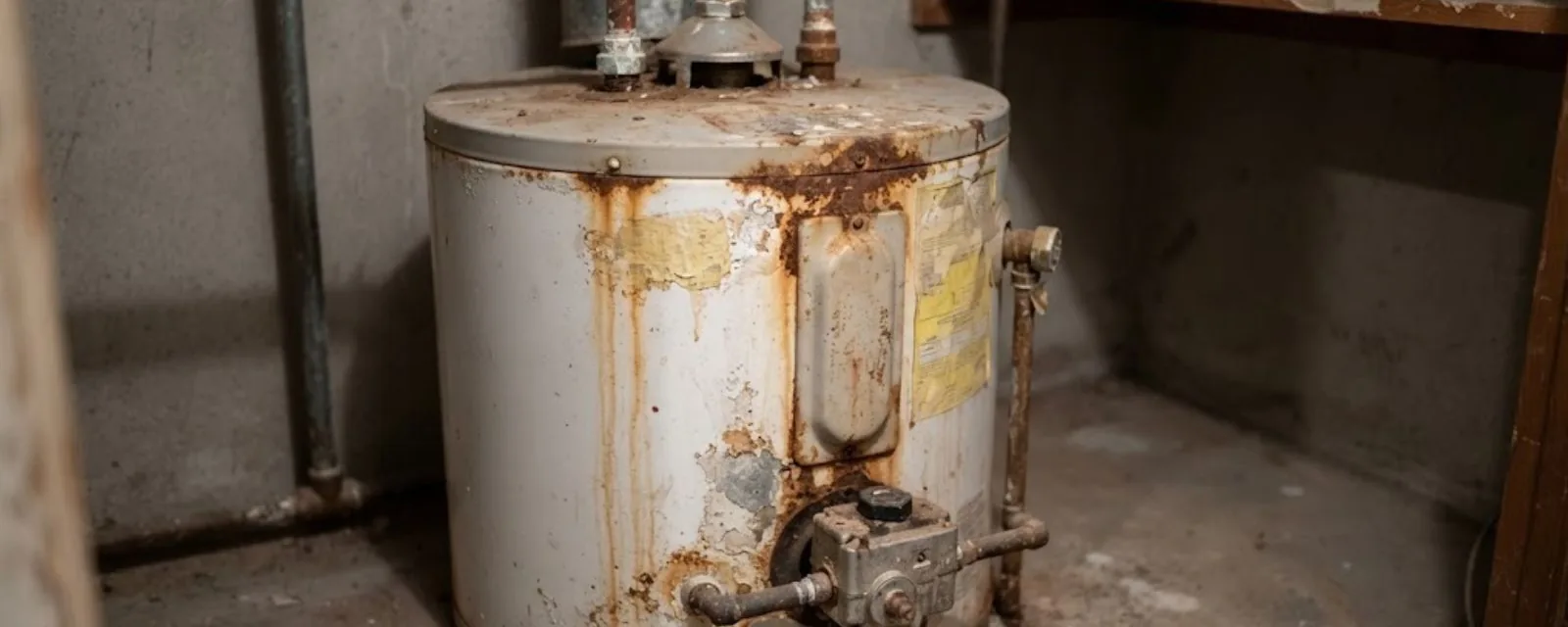 Old rusted tank water heater in a basement corner with corroded base and piping